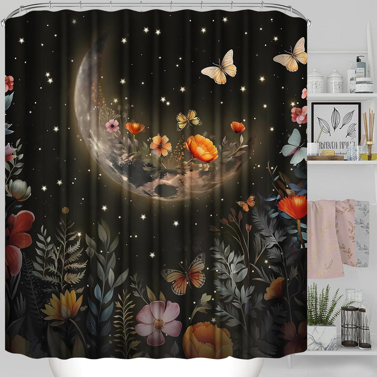 Moon Black Shower Curtain Colorful Floral Waterproof Polyester Shower Curtains with Hooks 70.8 Inch