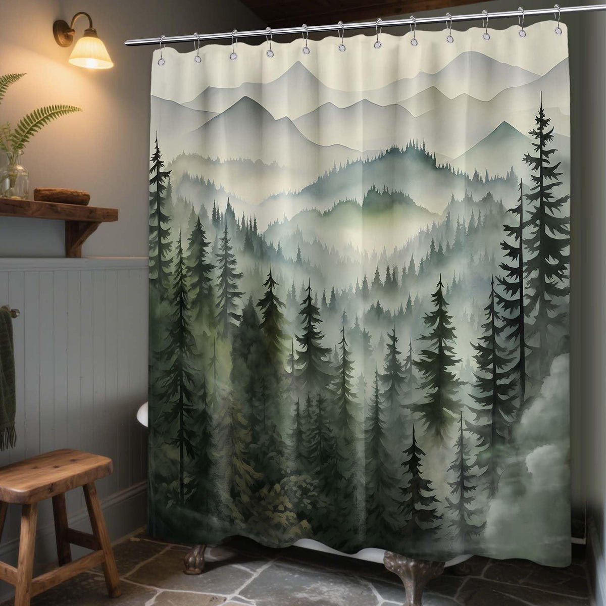 70.8"Mountain Shower Curtain Green Forest Nature Shower Curtains Rustic Woodland Pine Tree Landscape