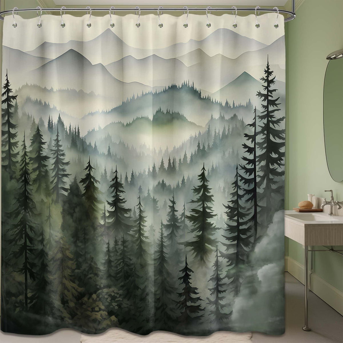 70.8"Mountain Shower Curtain Green Forest Nature Shower Curtains Rustic Woodland Pine Tree Landscape