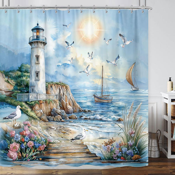 Nautical Coastal Lighthouse Shower Curtain, Blue Boho Ocean Beach Lighthouse Seascape Shower Curtain 70.8"