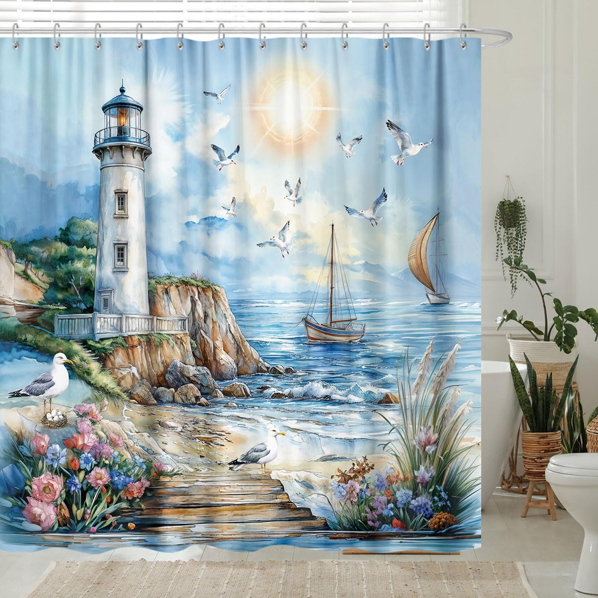 Nautical Coastal Lighthouse Shower Curtain, Blue Boho Ocean Beach Lighthouse Seascape Shower Curtain 70.8"