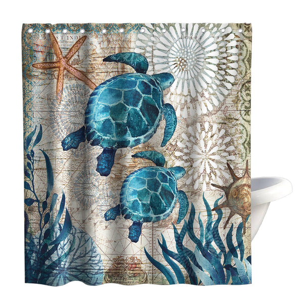 70.8"Nautical Green Sea Turtles Beach Theme Fabric Shower Curtain Sets Bathroom Blue Ocean Decor with Hooks