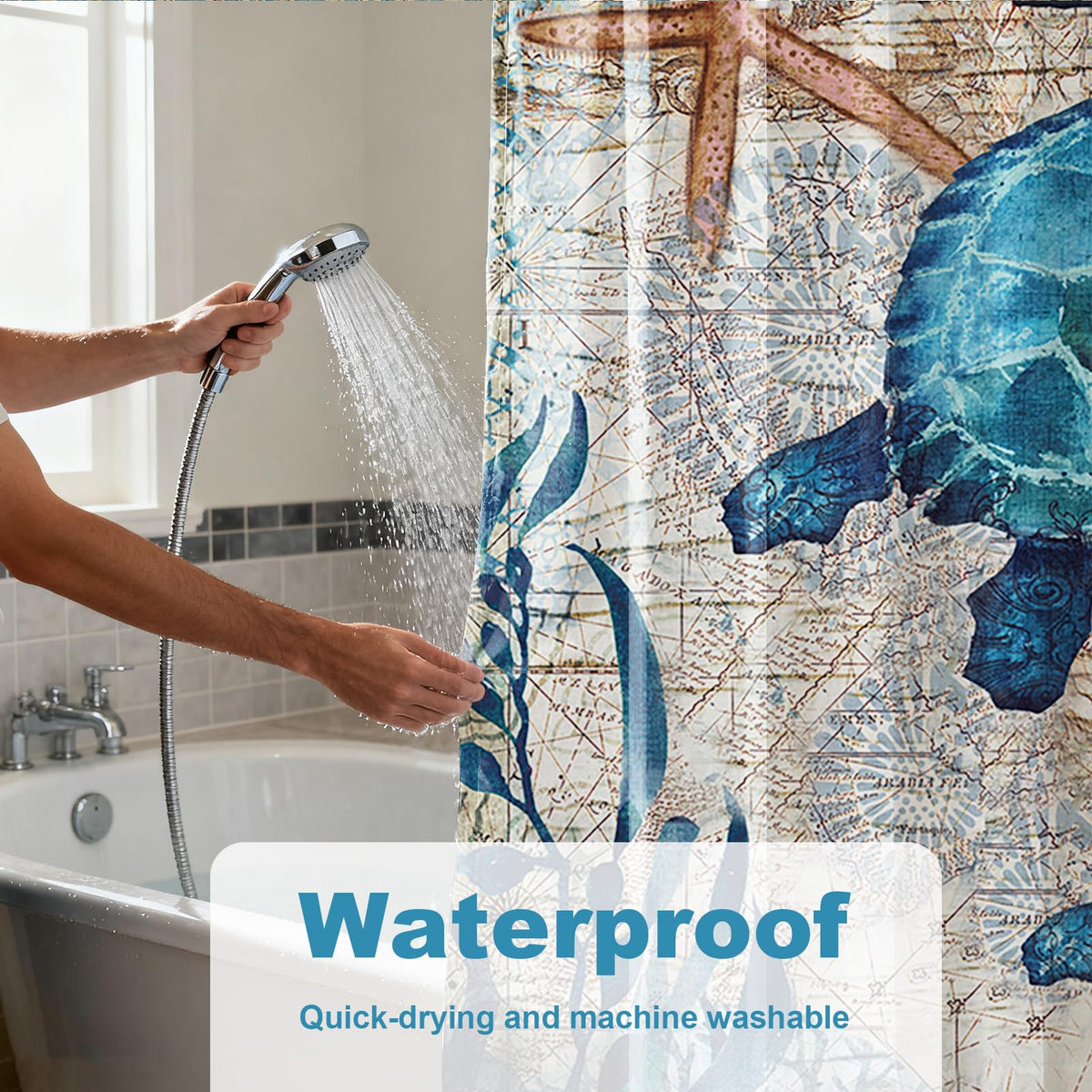 70.8"Nautical Green Sea Turtles Beach Theme Fabric Shower Curtain Sets Bathroom Blue Ocean Decor with Hooks