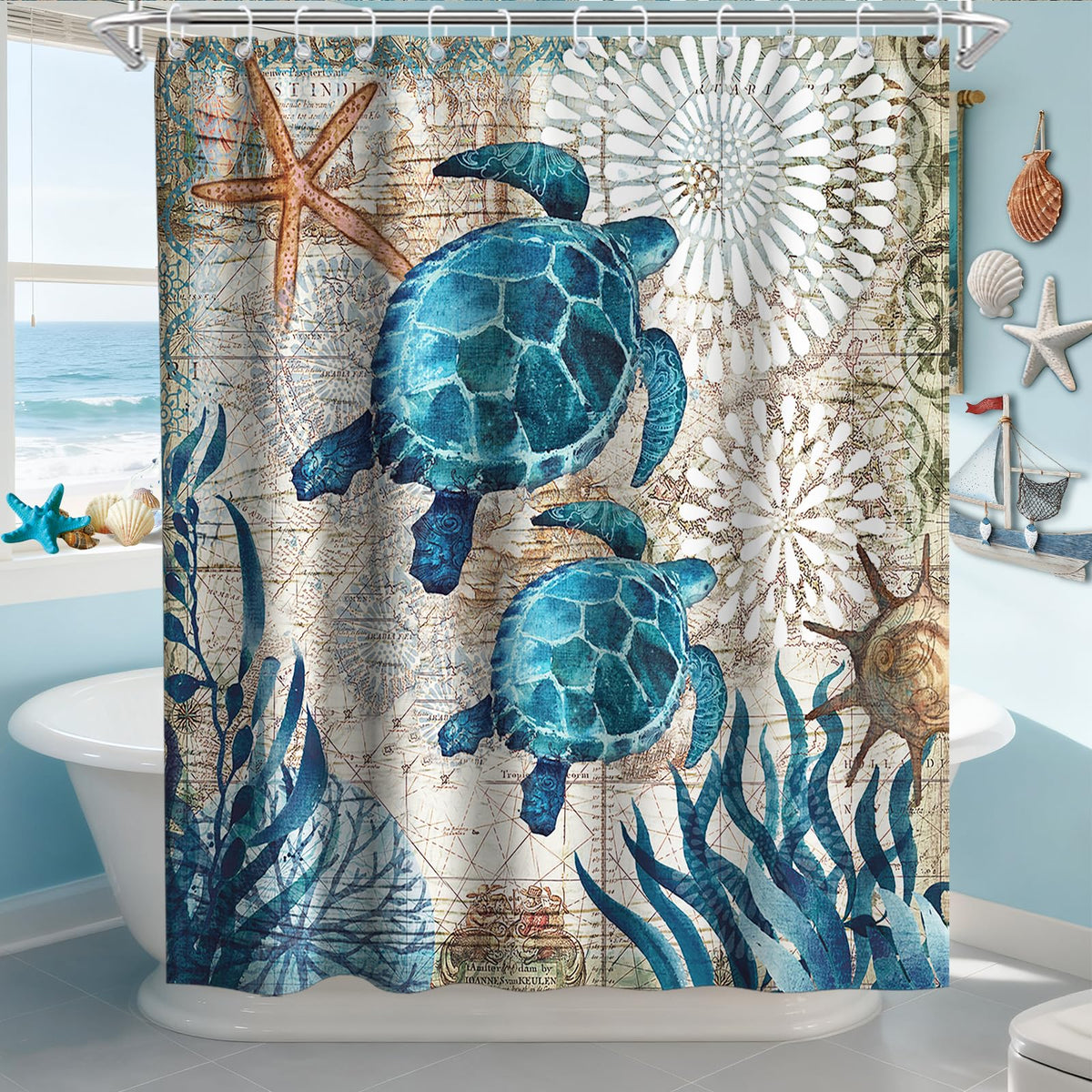 70.8"Nautical Green Sea Turtles Beach Theme Fabric Shower Curtain Sets Bathroom Blue Ocean Decor with Hooks