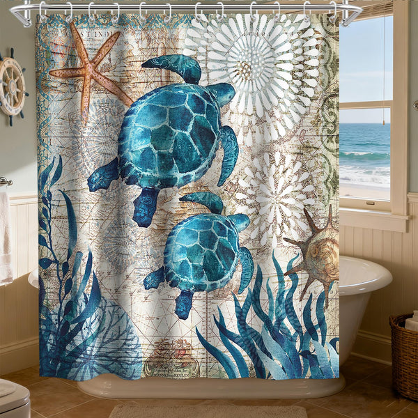 70.8"Nautical Green Sea Turtles Beach Theme Fabric Shower Curtain Sets Bathroom Blue Ocean Decor with Hooks