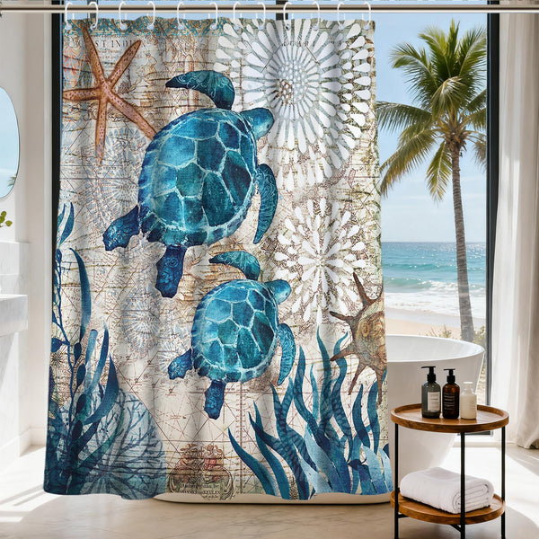 70.8"Nautical Green Sea Turtles Beach Theme Fabric Shower Curtain Sets Bathroom Blue Ocean Decor with Hooks