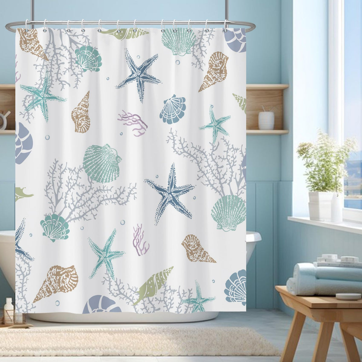 Ocean Theme Shower Curtain, Starfish Coral Nautical Coastal Nautical Marine Theme, 70.8 Inch