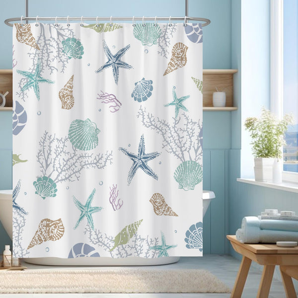 Ocean Theme Shower Curtain, Starfish Coral Nautical Coastal Nautical Marine Theme, 70.8 Inch