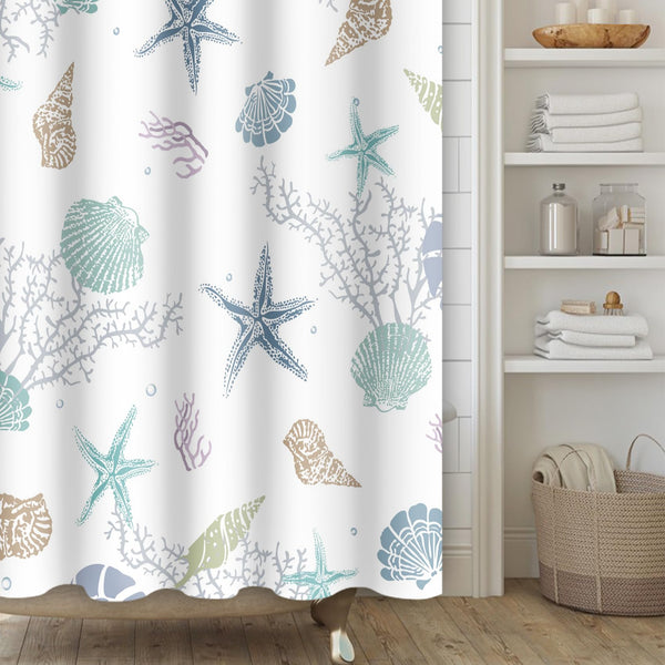 Ocean Theme Shower Curtain, Starfish Coral Nautical Coastal Nautical Marine Theme, 70.8 Inch