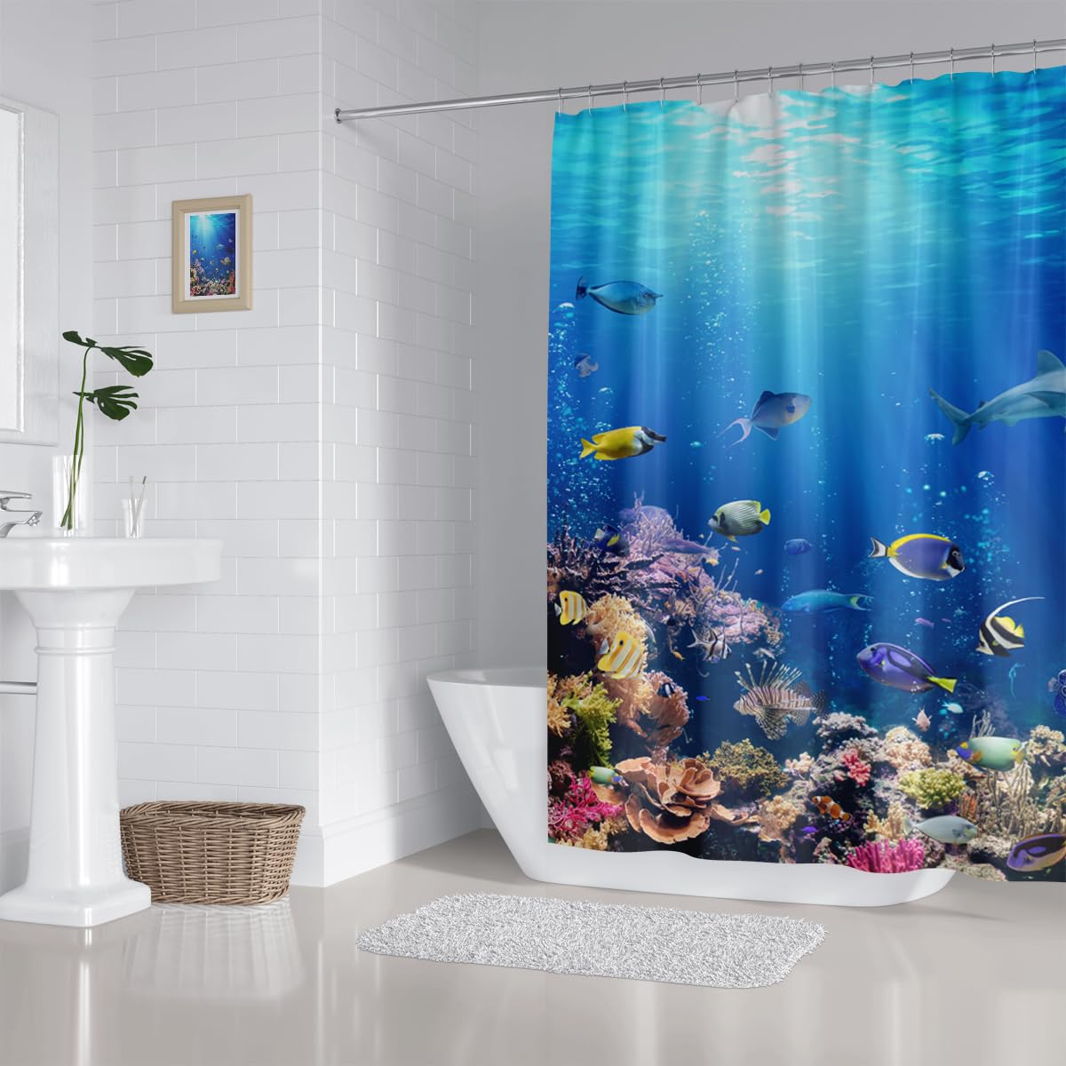 Ocean Underwater World Shower Curtain, 70.8"Colorful Tropical Fishes Turtle Coral Waterproof Polyester