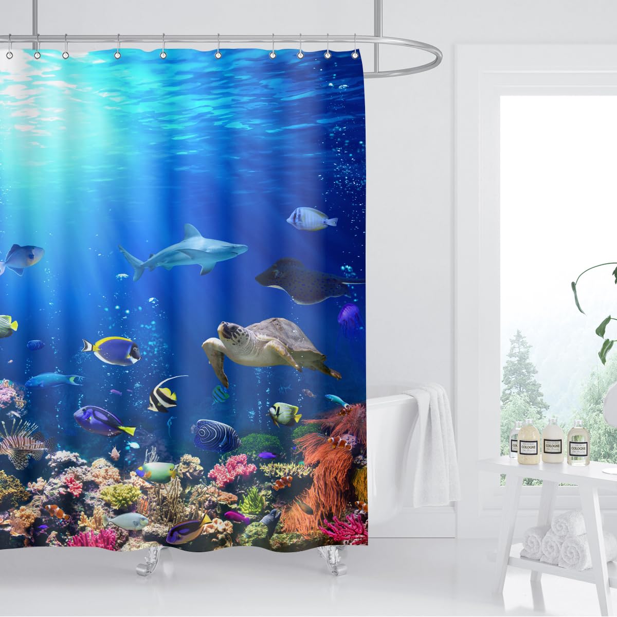 Ocean Underwater World Shower Curtain, 70.8"Colorful Tropical Fishes Turtle Coral Waterproof Polyester