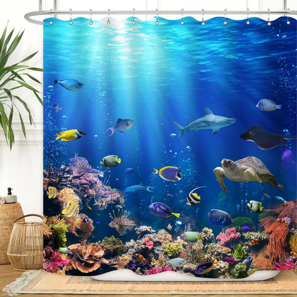 Ocean Underwater World Shower Curtain, 70.8"Colorful Tropical Fishes Turtle Coral Waterproof Polyester