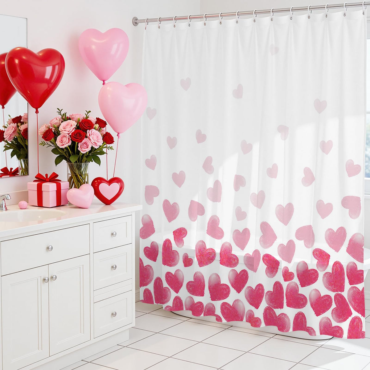 Pink Heart Shower Curtain, 70.8"Sweet Love Romantic Heart Valentines Day Decorations Bath Curtain