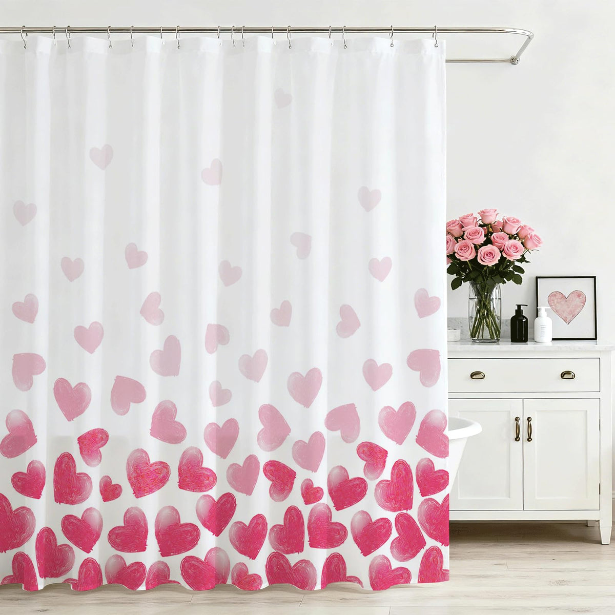 Pink Heart Shower Curtain, 70.8"Sweet Love Romantic Heart Valentines Day Decorations Bath Curtain