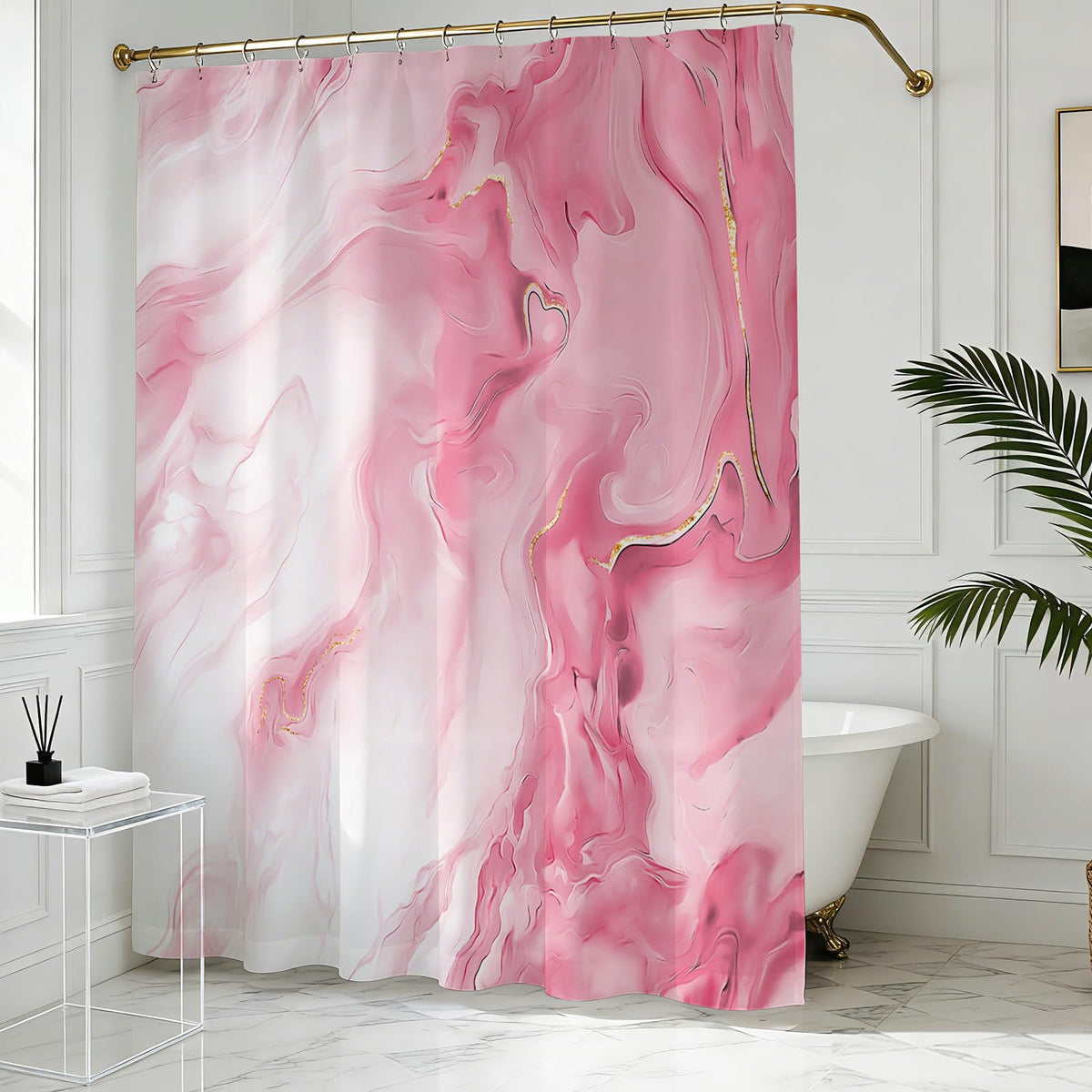 70.8"Pink Marble Shower Curtain for Bathroom, Abstract Pink and White Shower Curtain with Hooks Modern Art Decor