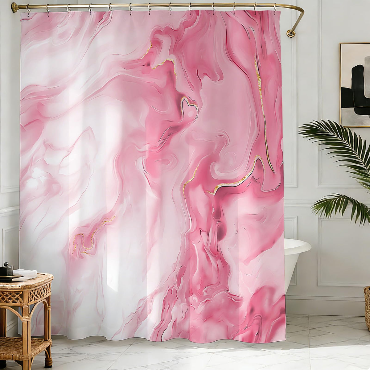 70.8"Pink Marble Shower Curtain for Bathroom, Abstract Pink and White Shower Curtain with Hooks Modern Art Decor