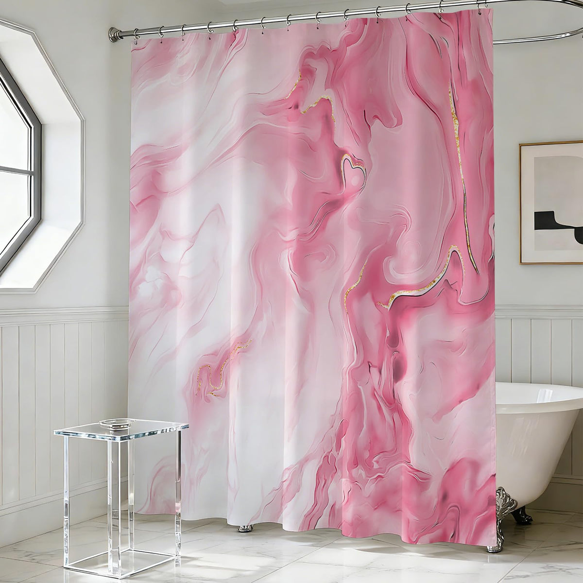 70.8"Pink Marble Shower Curtain for Bathroom, Abstract Pink and White Shower Curtain with Hooks Modern Art Decor