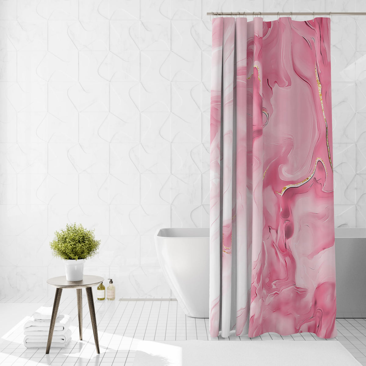 70.8"Pink Marble Shower Curtain for Bathroom, Abstract Pink and White Shower Curtain with Hooks Modern Art Decor