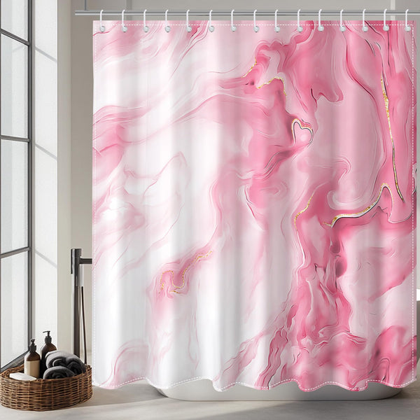 70.8"Pink Marble Shower Curtain for Bathroom, Abstract Pink and White Shower Curtain with Hooks Modern Art Decor