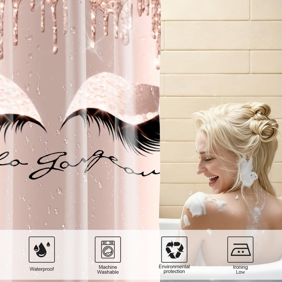 Pretty Eyelash Shower Curtain Set Hello Gorgeous Shower Curtain, 70.8" Pink Rose Gold Waterproof Shower Curtain