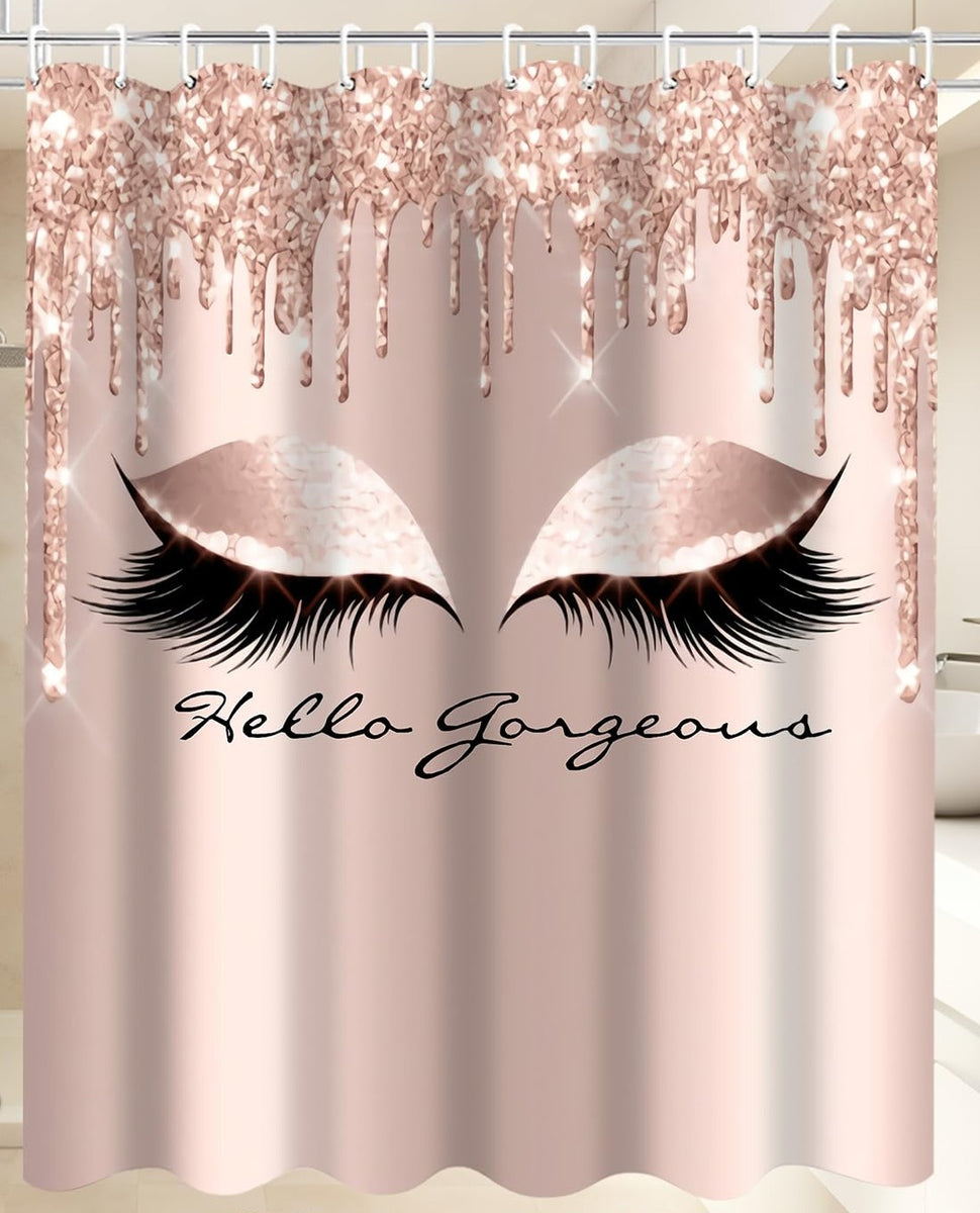 Pretty Eyelash Shower Curtain Set Hello Gorgeous Shower Curtain, 70.8" Pink Rose Gold Waterproof Shower Curtain