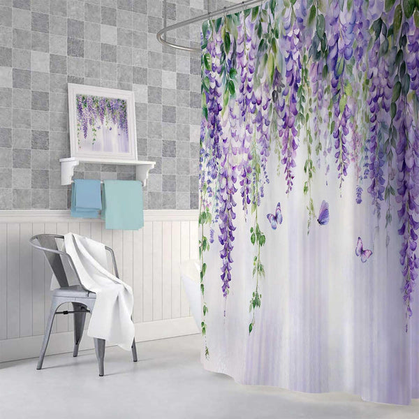 Purple Lavender Floral Butterfly Shower Curtain, 70.8"Spring Purple Lilac Flower Leaves Waterproof Polyester