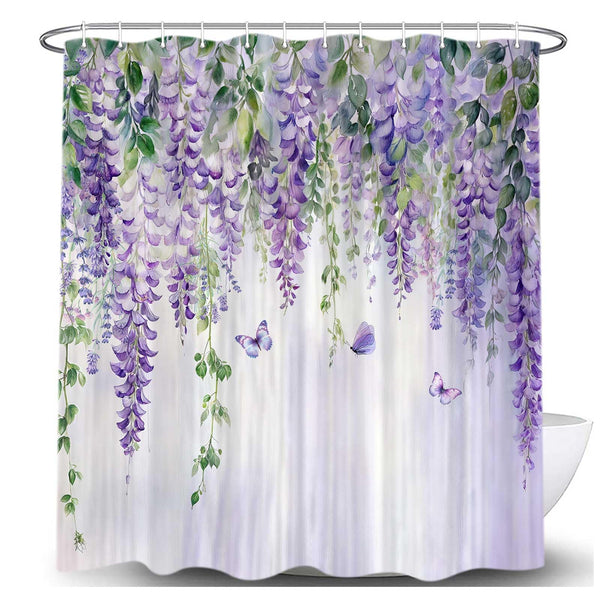 Purple Lavender Floral Butterfly Shower Curtain, 70.8"Spring Purple Lilac Flower Leaves Waterproof Polyester