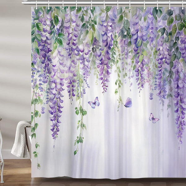 Purple Lavender Floral Butterfly Shower Curtain, 70.8"Spring Purple Lilac Flower Leaves Waterproof Polyester