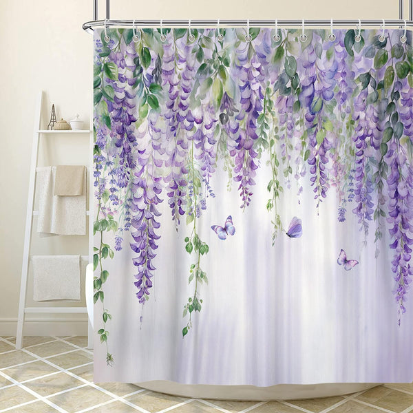 Purple Lavender Floral Butterfly Shower Curtain, 70.8"Spring Purple Lilac Flower Leaves Waterproof Polyester
