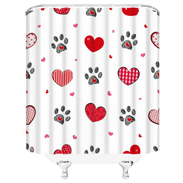 Red Heart Shower Curtain 70.8" Valentines Heart Paw Print Striped Dot Plaid Sweet Love Romantic Couple