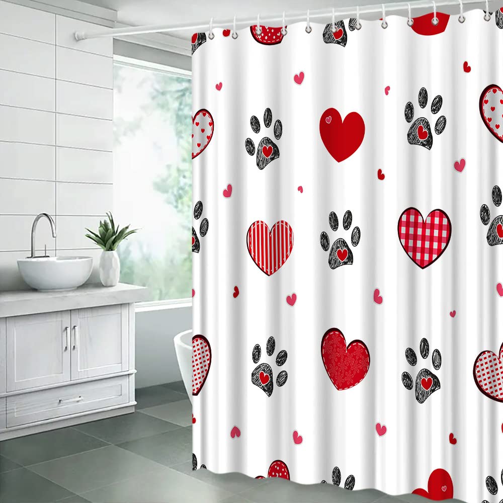 Red Heart Shower Curtain 70.8" Valentines Heart Paw Print Striped Dot Plaid Sweet Love Romantic Couple