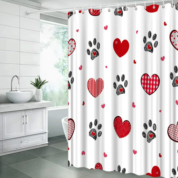 Red Heart Shower Curtain 70.8" Valentines Heart Paw Print Striped Dot Plaid Sweet Love Romantic Couple