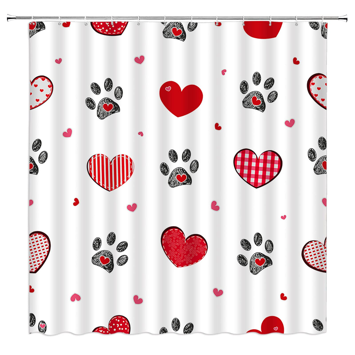 Red Heart Shower Curtain 70.8" Valentines Heart Paw Print Striped Dot Plaid Sweet Love Romantic Couple