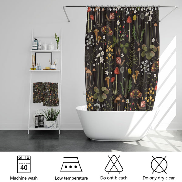 Retro Mushroom Shower Curtain for Bathroom, Fairy Forest Flowers Plants on Black Background,70.8"