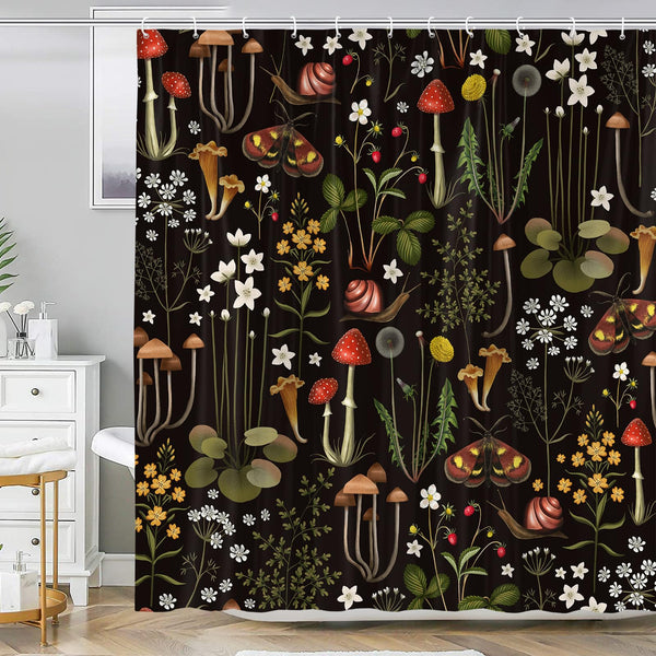 Retro Mushroom Shower Curtain for Bathroom, Fairy Forest Flowers Plants on Black Background,70.8"