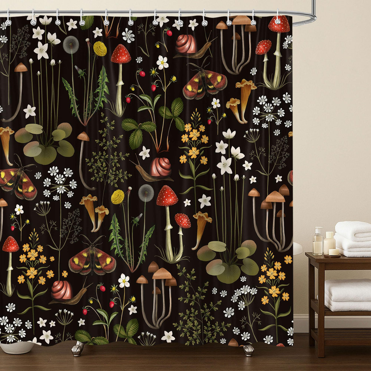 Retro Mushroom Shower Curtain for Bathroom, Fairy Forest Flowers Plants on Black Background,70.8"