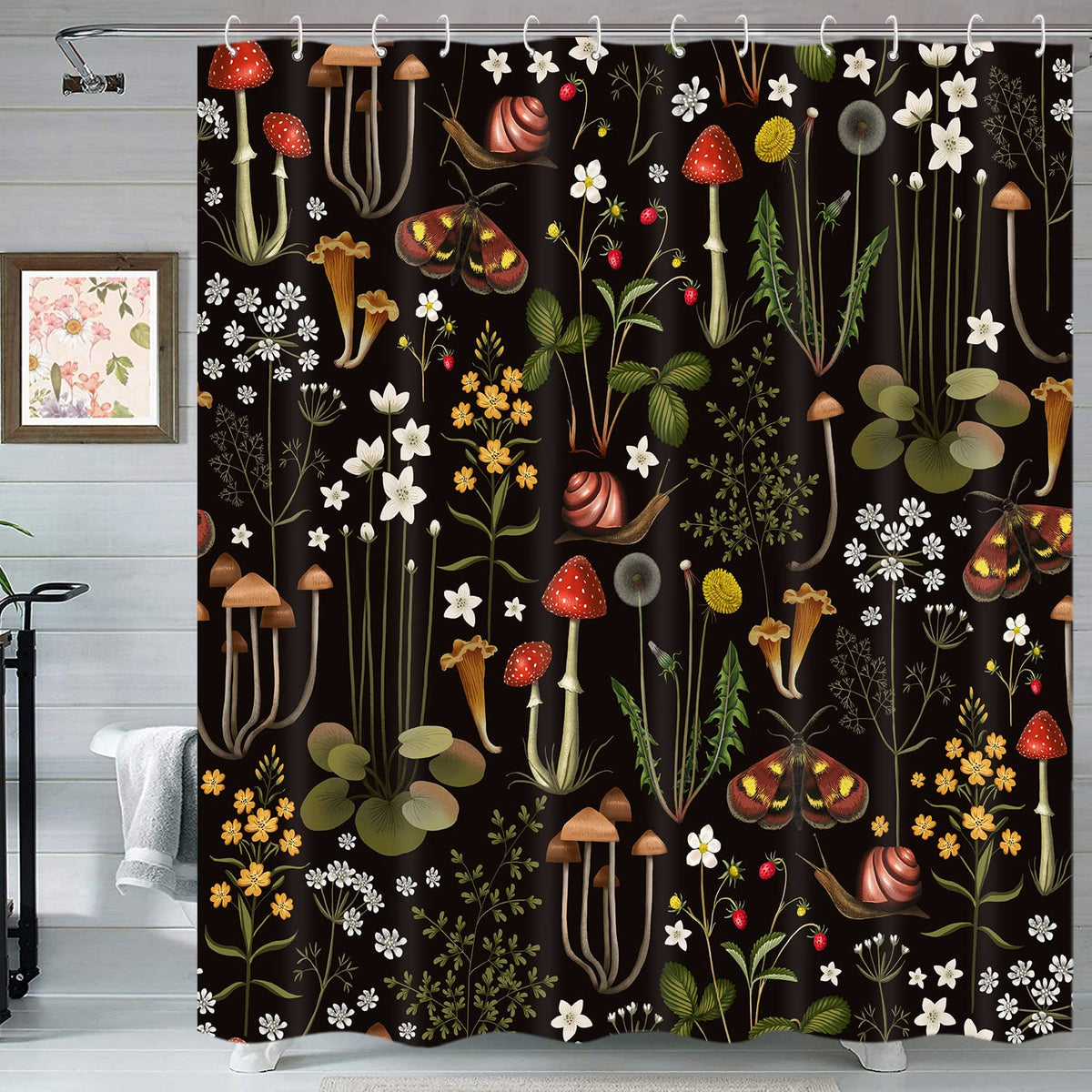 Retro Mushroom Shower Curtain for Bathroom, Fairy Forest Flowers Plants on Black Background,70.8"