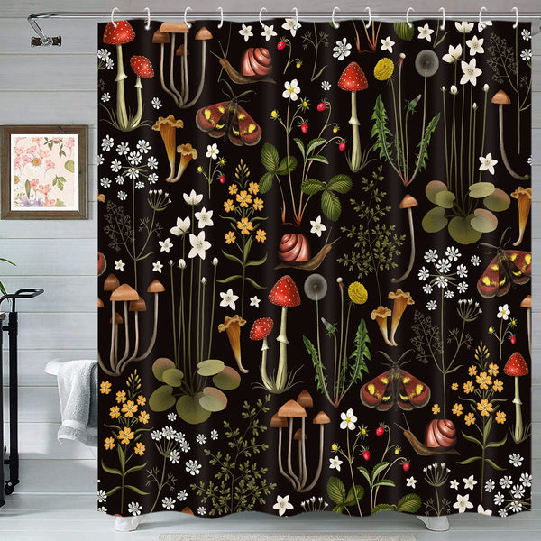 Retro Mushroom Shower Curtain for Bathroom, Fairy Forest Flowers Plants on Black Background,70.8"