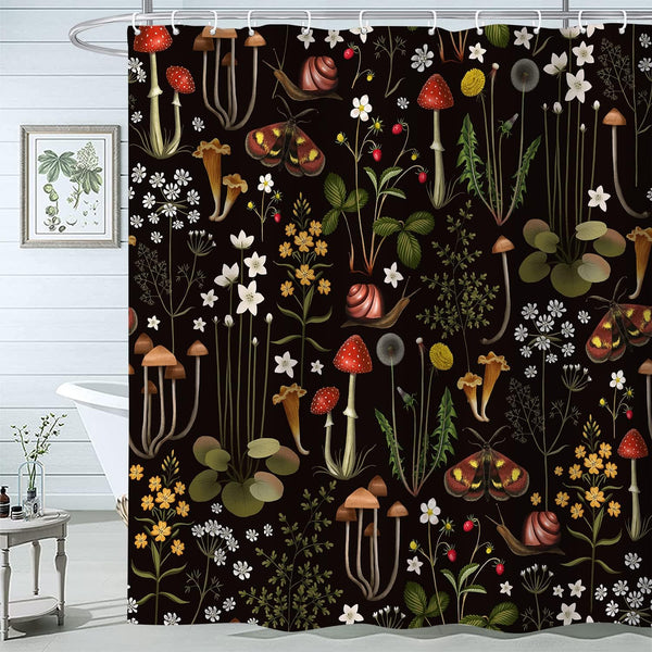 Retro Mushroom Shower Curtain for Bathroom, Fairy Forest Flowers Plants on Black Background,70.8"