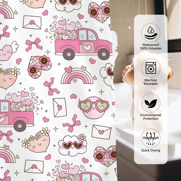 70.8"Retro Valentines Shower Curtain,70s Groovy Cute Love Heart Truck Rainbow Shower Curtains