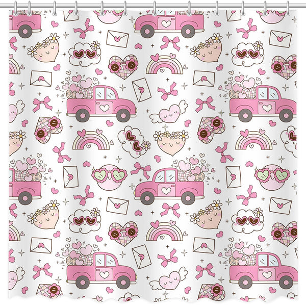 70.8"Retro Valentines Shower Curtain,70s Groovy Cute Love Heart Truck Rainbow Shower Curtains