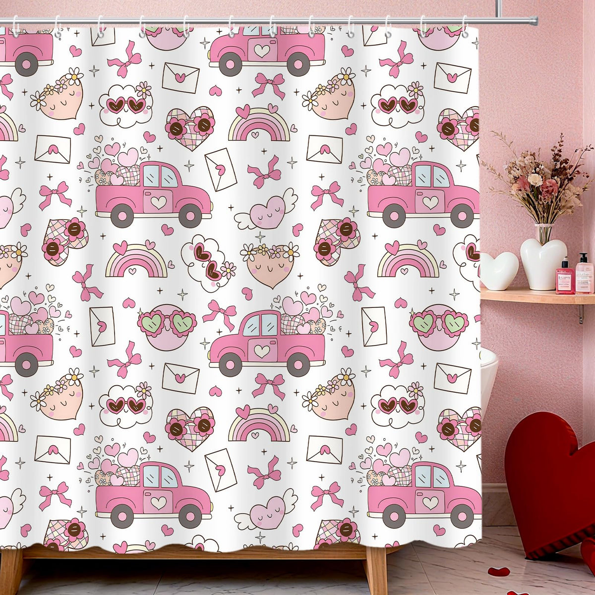 70.8"Retro Valentines Shower Curtain,70s Groovy Cute Love Heart Truck Rainbow Shower Curtains