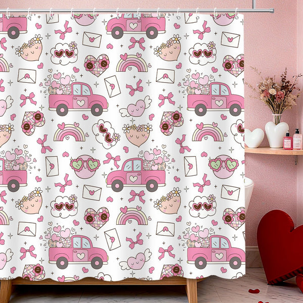 70.8"Retro Valentines Shower Curtain,70s Groovy Cute Love Heart Truck Rainbow Shower Curtains