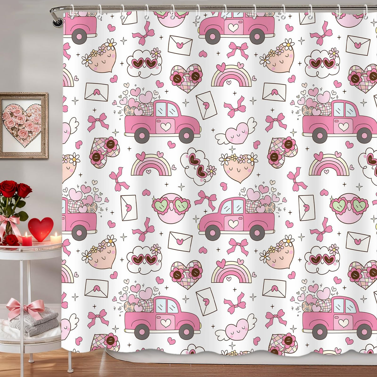 70.8"Retro Valentines Shower Curtain,70s Groovy Cute Love Heart Truck Rainbow Shower Curtains