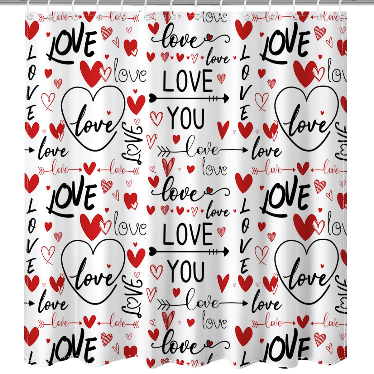 Romantic Valentines Shower Curtain I Love You Words Red Hearts Bath Curtain Romance Couple Valentine, 70.8"