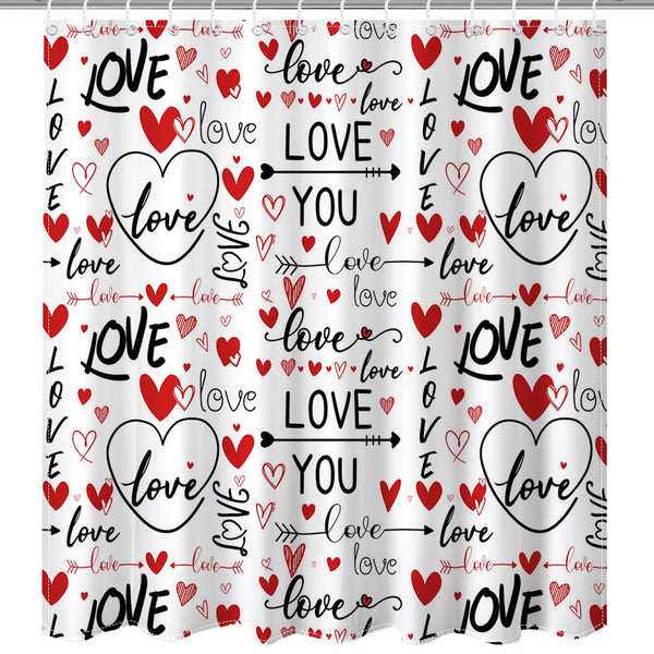Romantic Valentines Shower Curtain I Love You Words Red Hearts Bath Curtain Romance Couple Valentine, 70.8"