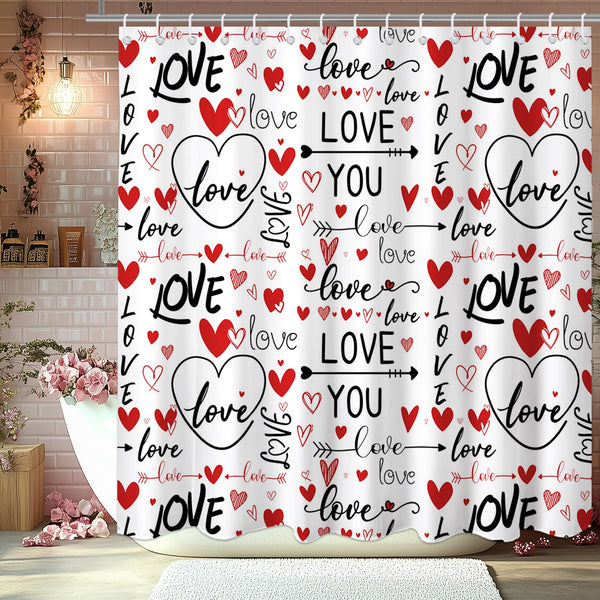 Romantic Valentines Shower Curtain I Love You Words Red Hearts Bath Curtain Romance Couple Valentine, 70.8"