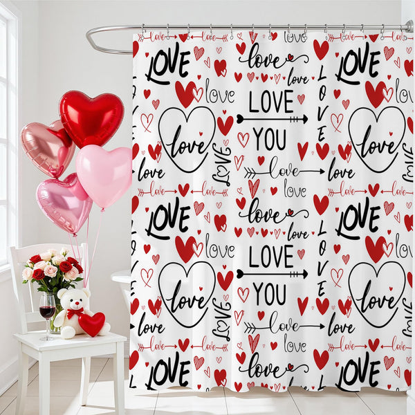 Romantic Valentines Shower Curtain I Love You Words Red Hearts Bath Curtain Romance Couple Valentine, 70.8"