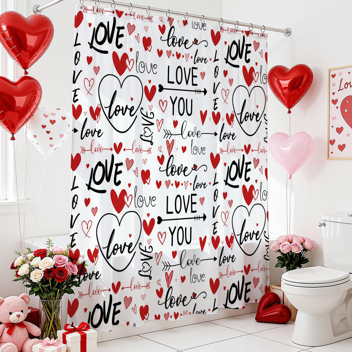Romantic Valentines Shower Curtain I Love You Words Red Hearts Bath Curtain Romance Couple Valentine, 70.8"