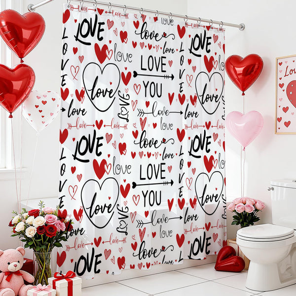 Romantic Valentines Shower Curtain I Love You Words Red Hearts Bath Curtain Romance Couple Valentine, 70.8"